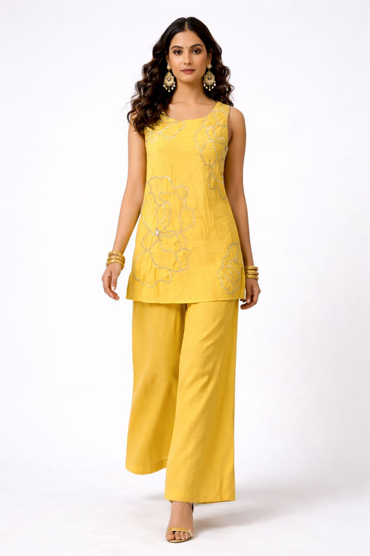 Sequin & Zari Work Yellow Color Co-Ord Set