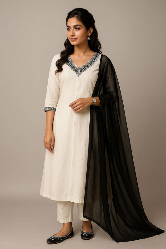 Mirror With Thread Embroidery Off White Color Kurta Set