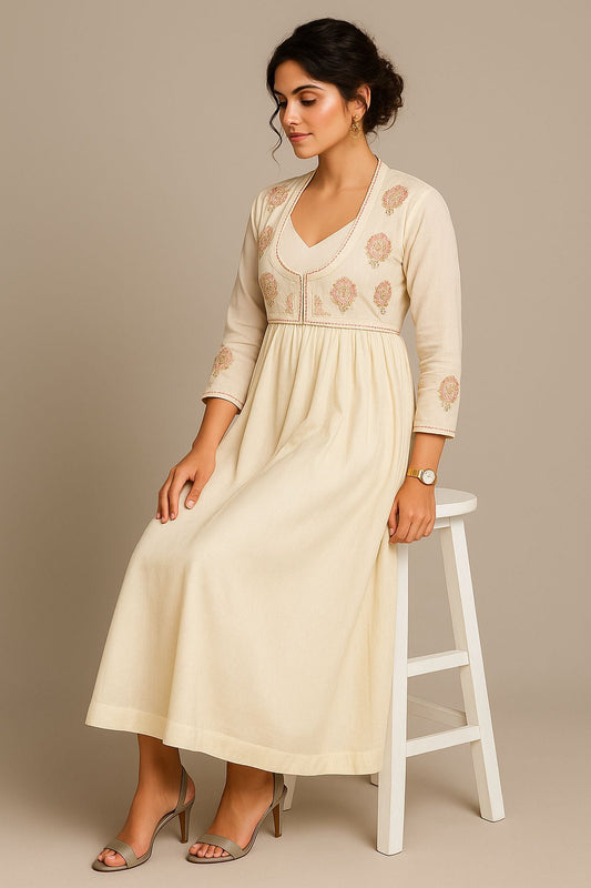 Thread Work With Zari & Cutdana Off White Anarkali Dress With Jacket