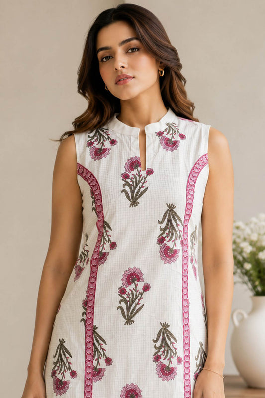 White Elegant Floral Printed Kurta Set With Contemporary Styling And Effortless Charm