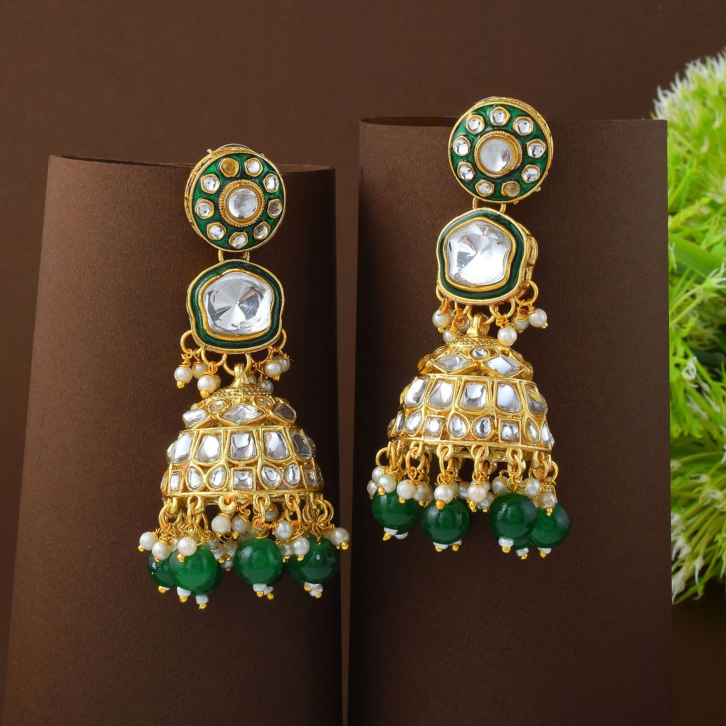 Attractive Green Color Meena Work Kundan Earrings Perfect for Festivals and Traditional Outfits
