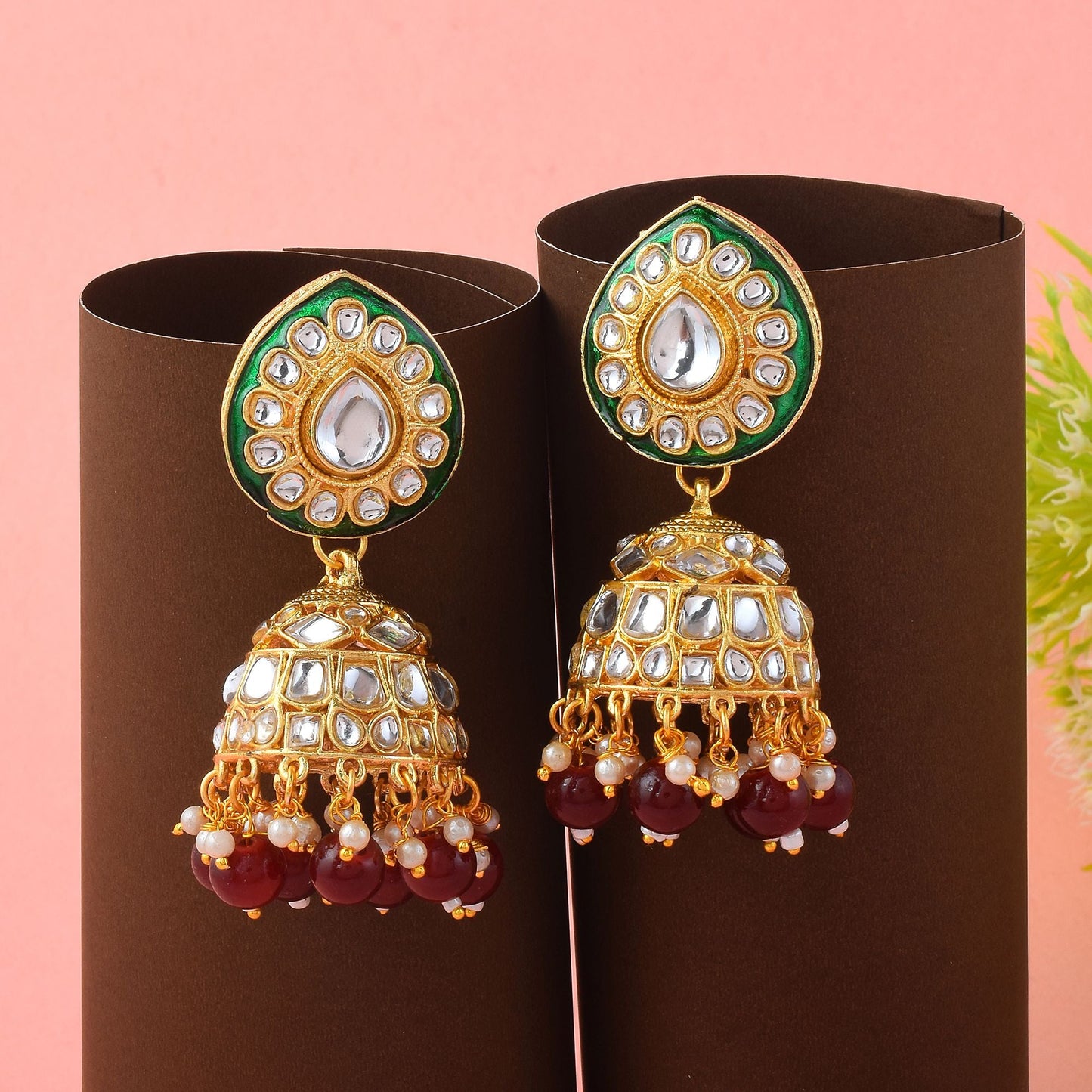 Royal Maroon Color Meena Work Kundan Earrings Designed for Brides and Cultural Festivals