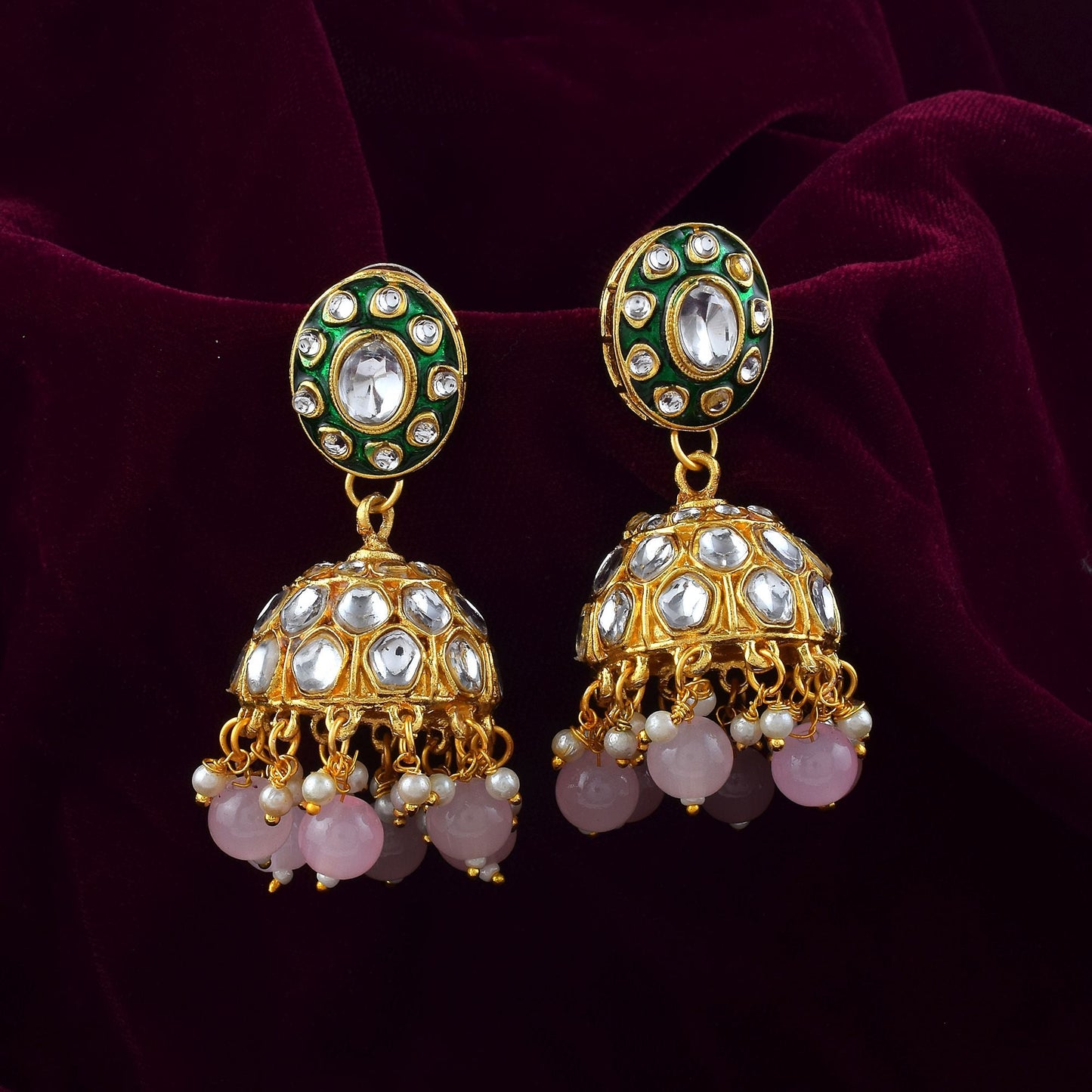 Gorgeous Pink Color Meena Work Kundan Earrings Crafted with Exquisite Handmade Artistic Detailing