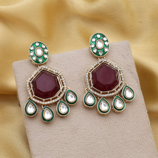 Gorgeous Maroon Color Kundan Earrings With Antique Finish For Wedding And Festive Wear