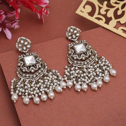 Elegant White Color Kundan Earrings With Traditional Stone Design For Wedding Wear