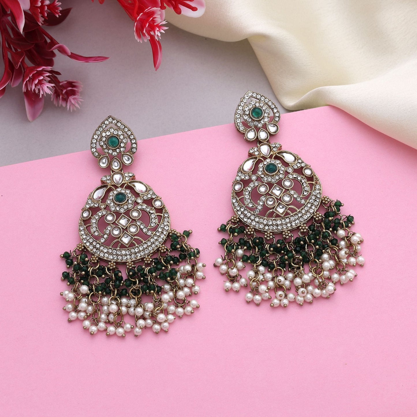 Traditional Green Color Kundan Earrings With Detailed Work For Cultural Celebrations