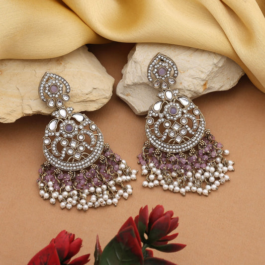 Stylish Light Purple Color Kundan Earrings With Antique Touch For Festive Functions