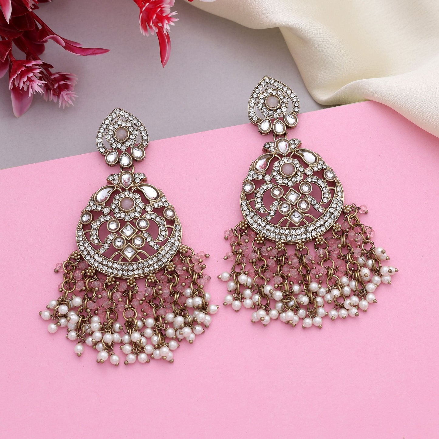 Gorgeous Pink Color Kundan Earrings With Floral Detailing For Bridal Attire