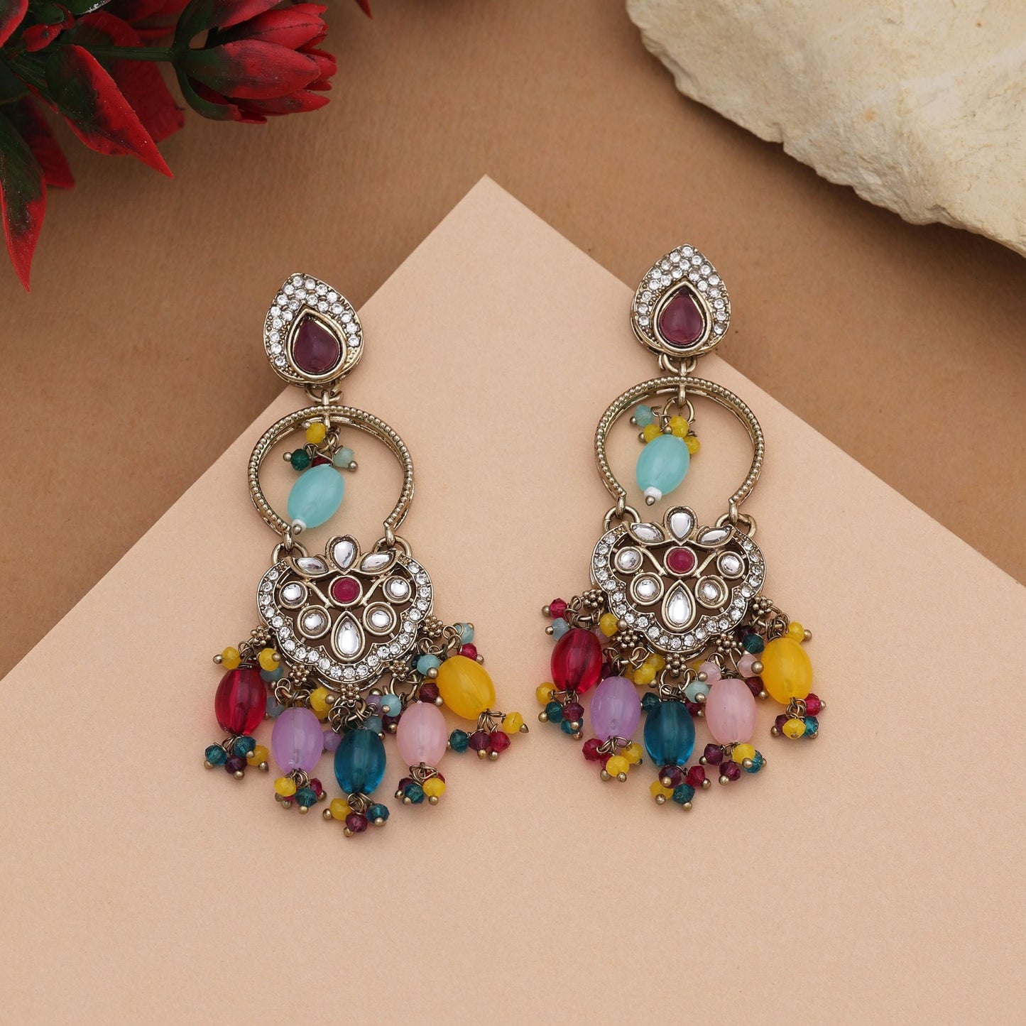 Vibrant Multi Color Kundan Earrings With Gold Plating Perfect For Bridal Collections