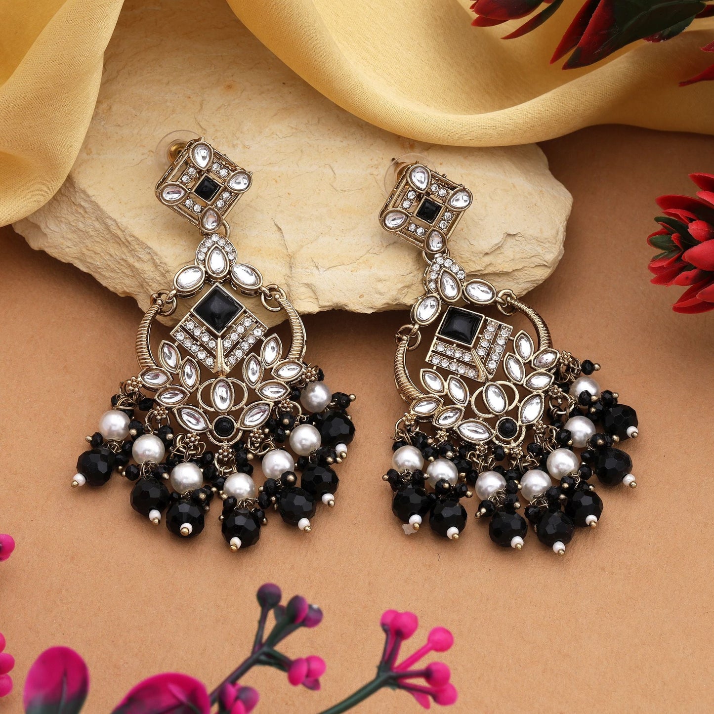 Chic Black Color Kundan Earrings With Stone Detailing Perfect For Modern Brides