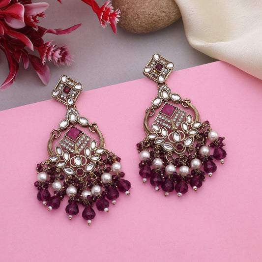 Royal Purple Color Kundan Earrings With Antique Stones Perfect For Party Jewellery