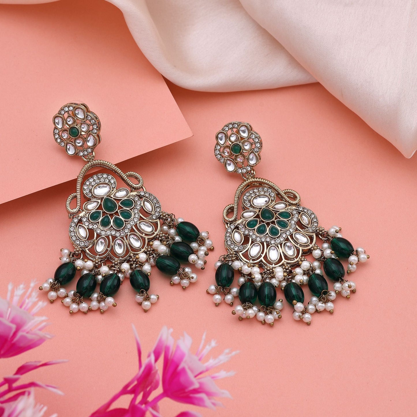 Classic Green Color Kundan Earrings With Antique Finish Perfect For Wedding Season