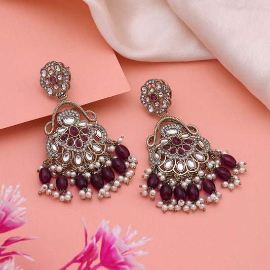 Stylish Purple Color Kundan Earrings With Detailed Stones For Wedding Jewellery