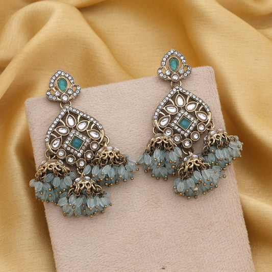 Beautiful Firozi Color Kundan Earrings With Sparkling Stones Perfect For Bridal Wear