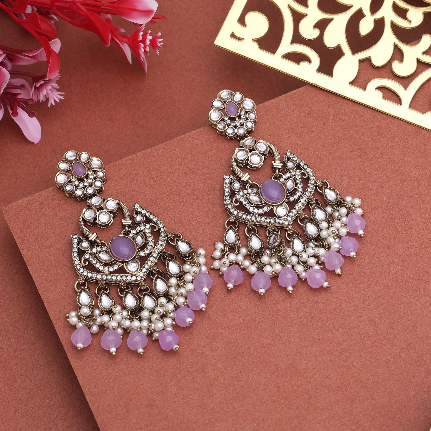 Lovely Light Purple Color Kundan Earrings With Stone Details For Ethnic Functions