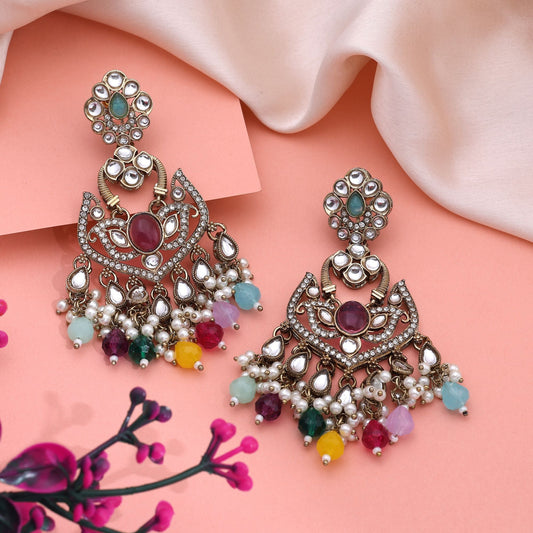 Graceful Multi Color Kundan Earrings With Antique Finish For Special Occasions