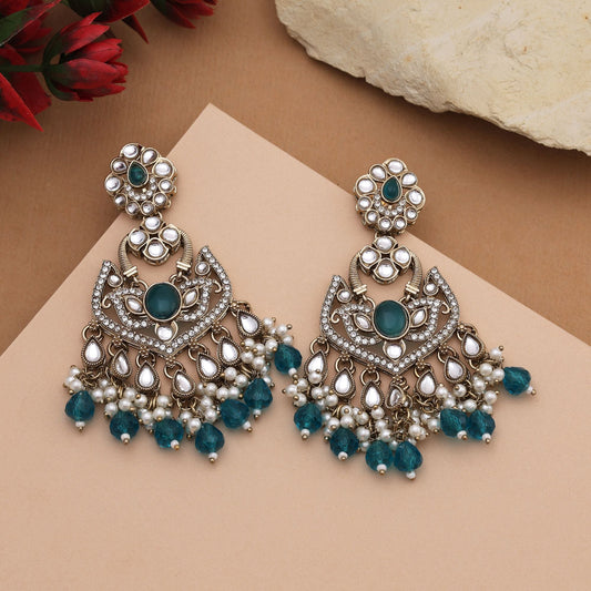 Royal Rama Green Color Kundan Earrings With Fine Stones For Bridal Jewellery