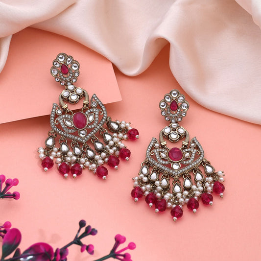 Royal Rani Color Kundan Earrings With Traditional Beads Perfect For Bridal Jewellery