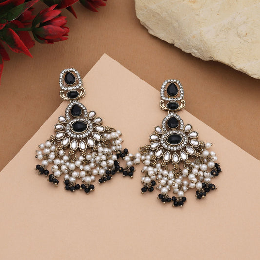 Classy Black Color Kundan Earrings With Sparkling Stones For Ethnic Occasions