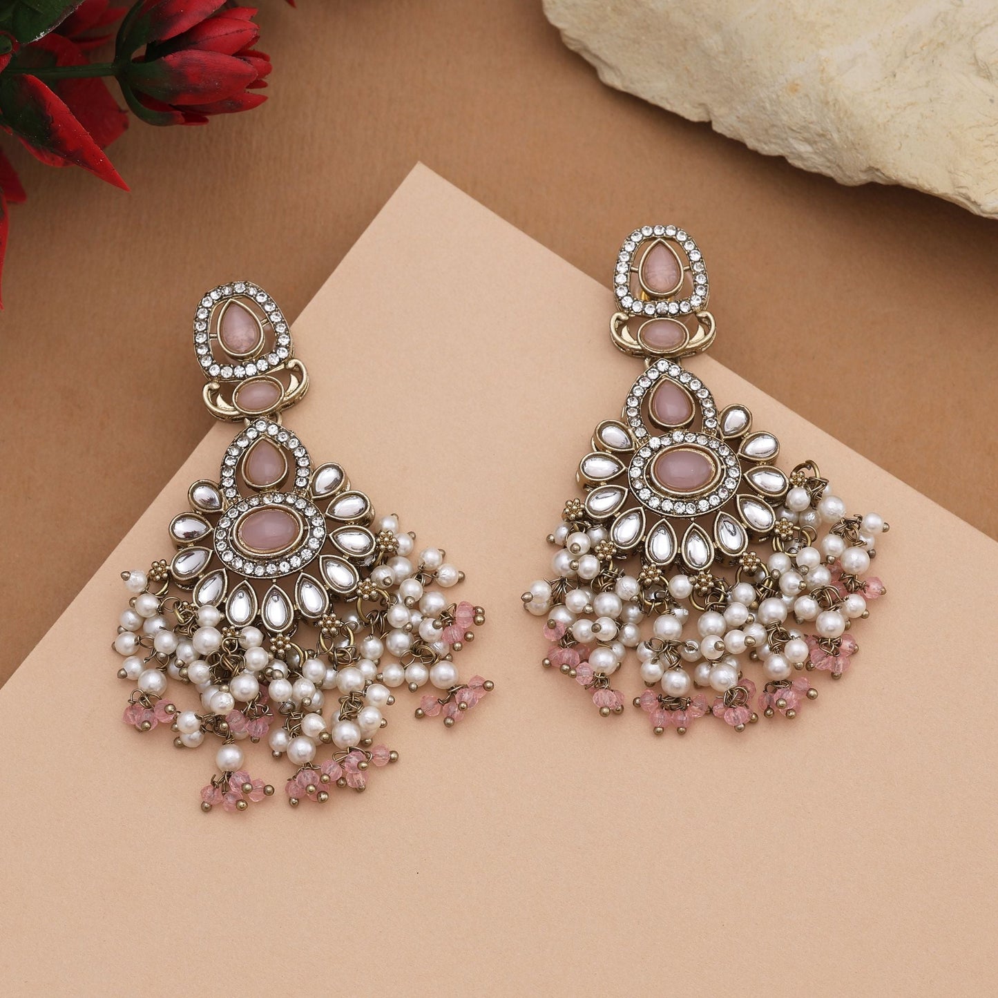 Pretty Pink Color Kundan Earrings With Delicate Work Perfect For Festive Occasions