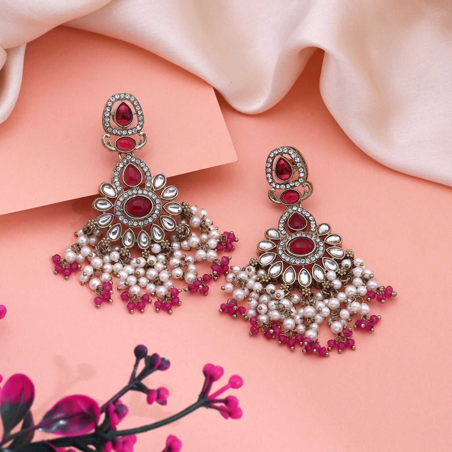 Gorgeous Rani Color Kundan Earrings With Fine Stones Perfect For Ethnic Outfits
