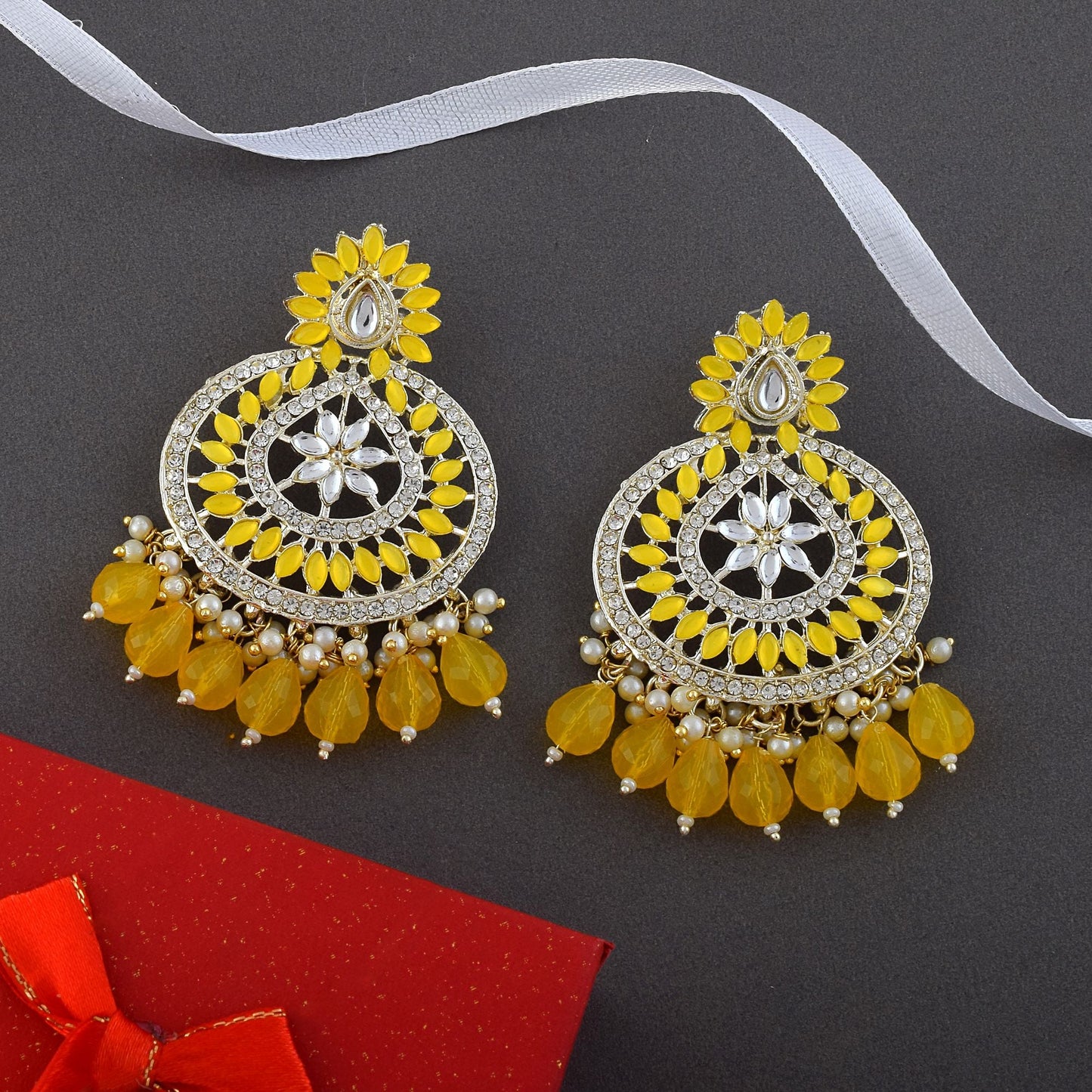 Yellow Color Kundan Earrings