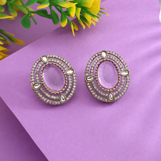 Graceful Lavender Color Stud Kundan Earrings Perfect For Ethnic Party Wear
