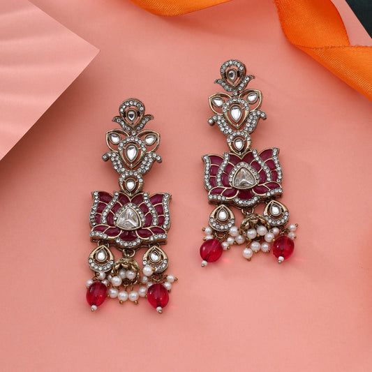 Classic Rani Color Kundan Earrings For Traditional Indian Outfits And Celebrations