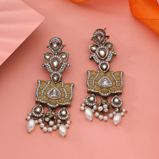 Bright Yellow Color Kundan Earrings For Elegant Festive And Casual Styling