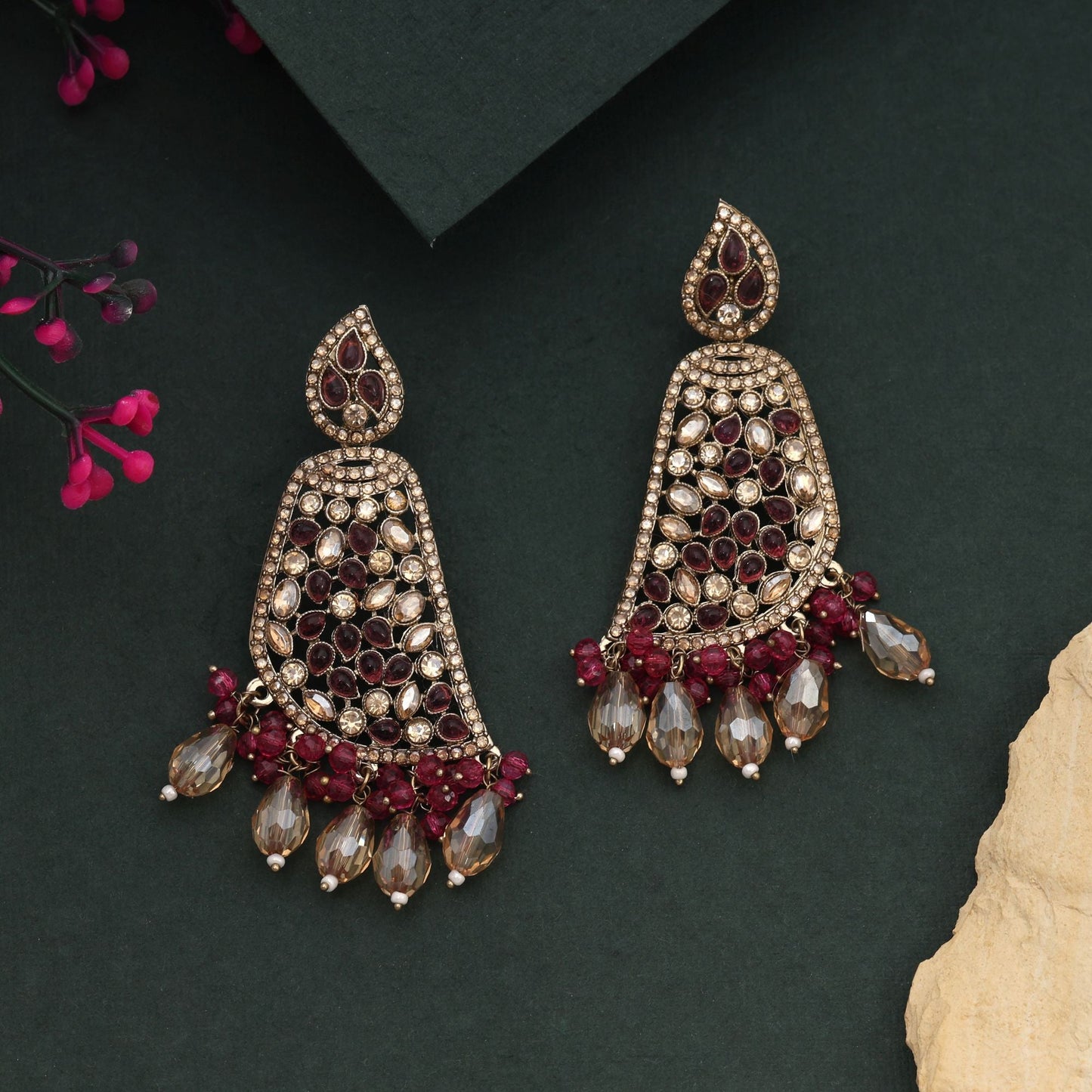 Beautiful Magenta Color Kundan Earrings For Elegant Festive Occasions