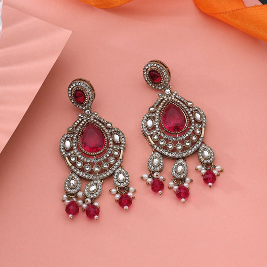 Classic Rani Color Kundan Earrings For Traditional Festive Outfits