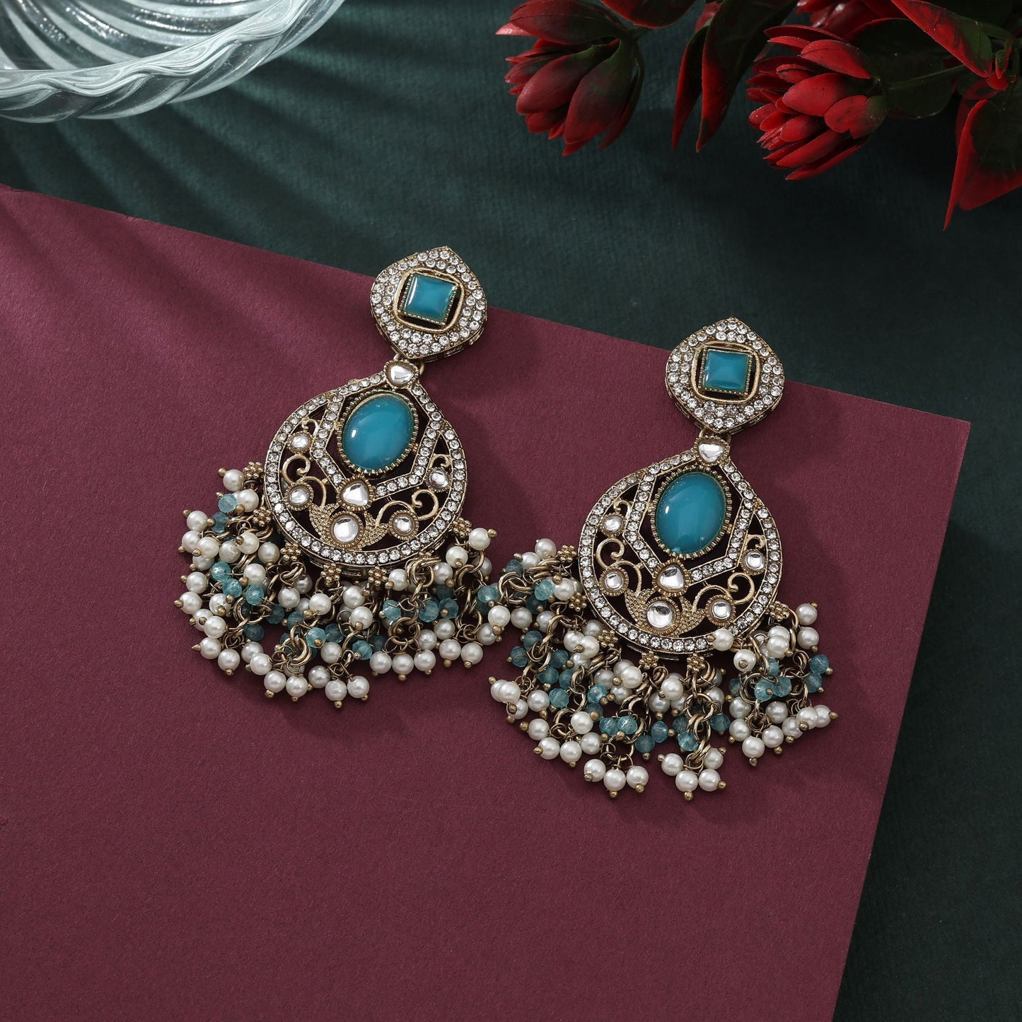 Elegant Firozi Color Kundan Earrings For Party And Cultural Events