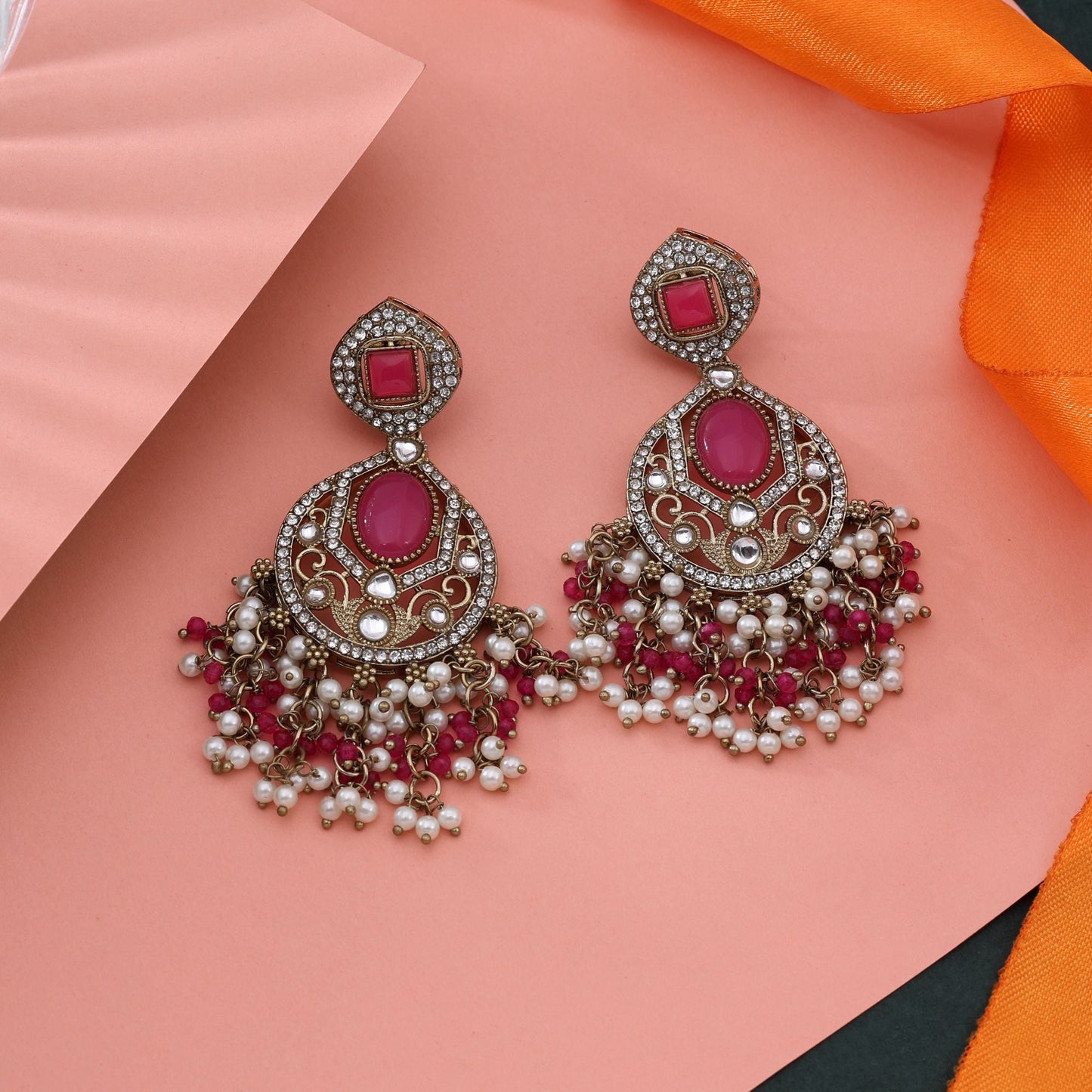 Gorgeous Rani Color Kundan Earrings For Traditional Bridal Look