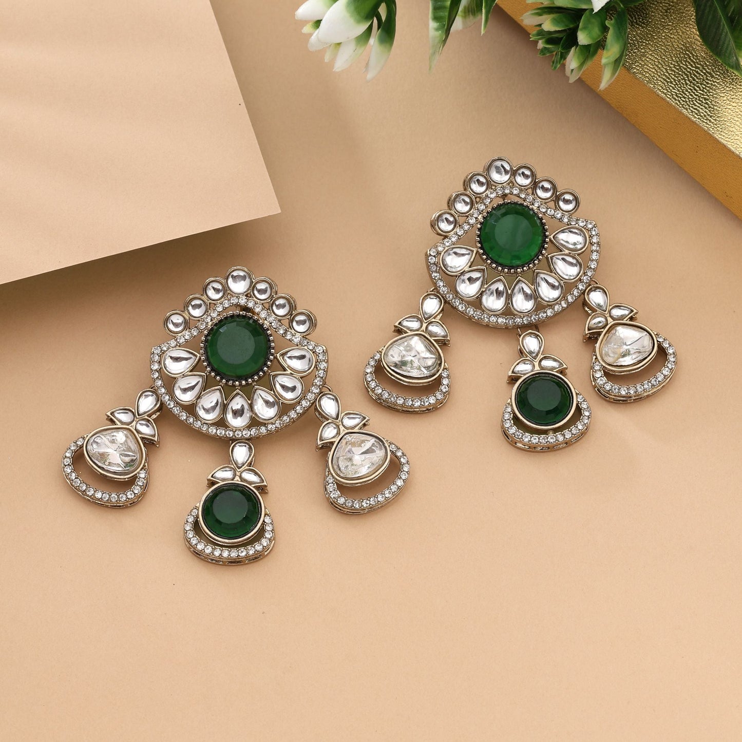 Radiant Green Color Kundan Earrings With Beautiful Polki Stone Detailing