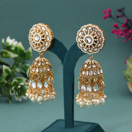White Color Kundan Earrings With Polki Stones Perfect For Wedding Occasions