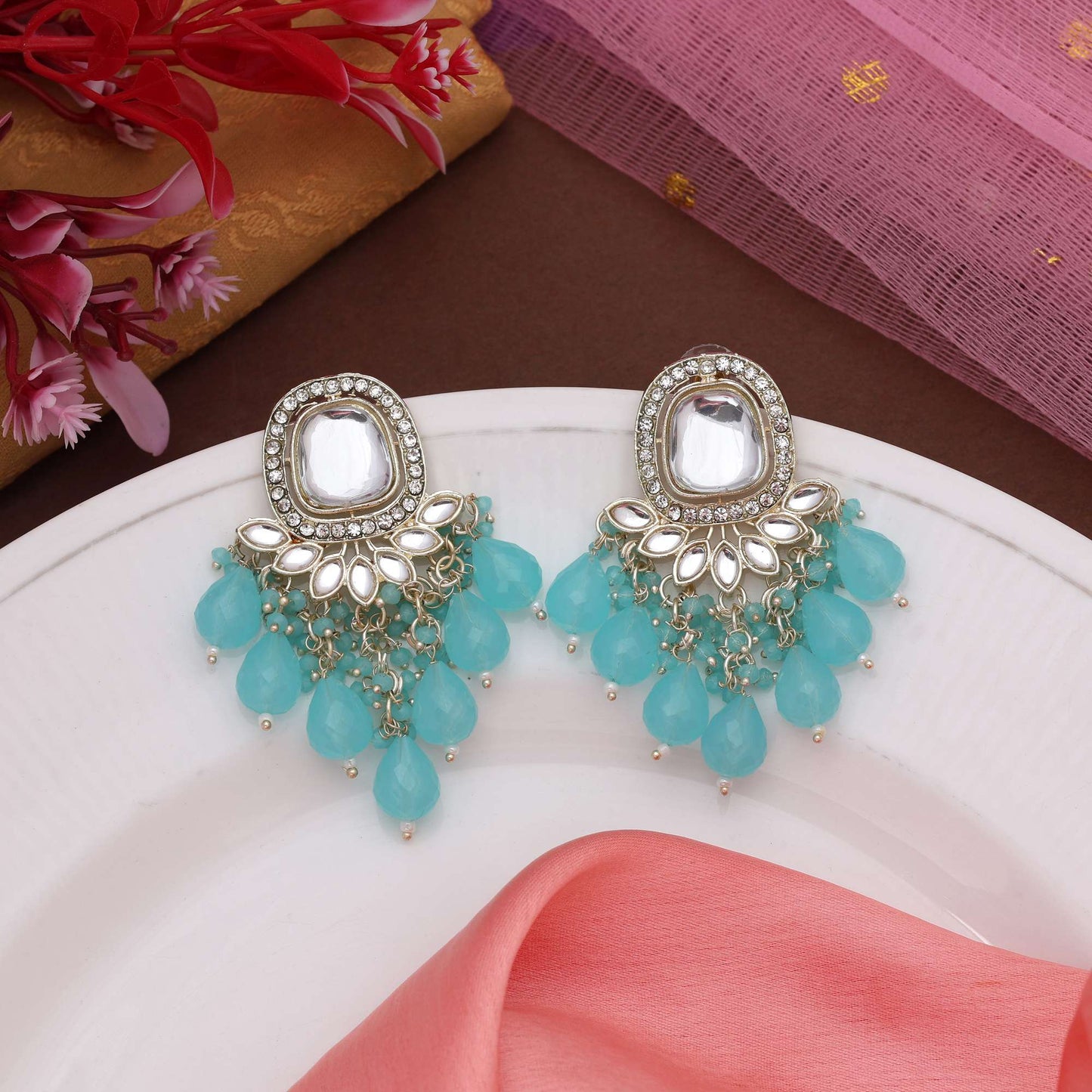 Firozi Color Kundan Earrings With Gold Plating And Polki Stone Work