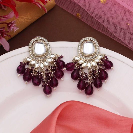 Purple Color Kundan Earrings With Antique Gold Plating For Cultural Wear