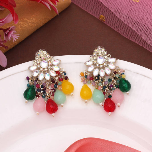 Multi Color Kundan Earrings With Artistic Handcrafted Finish For Cultural Style