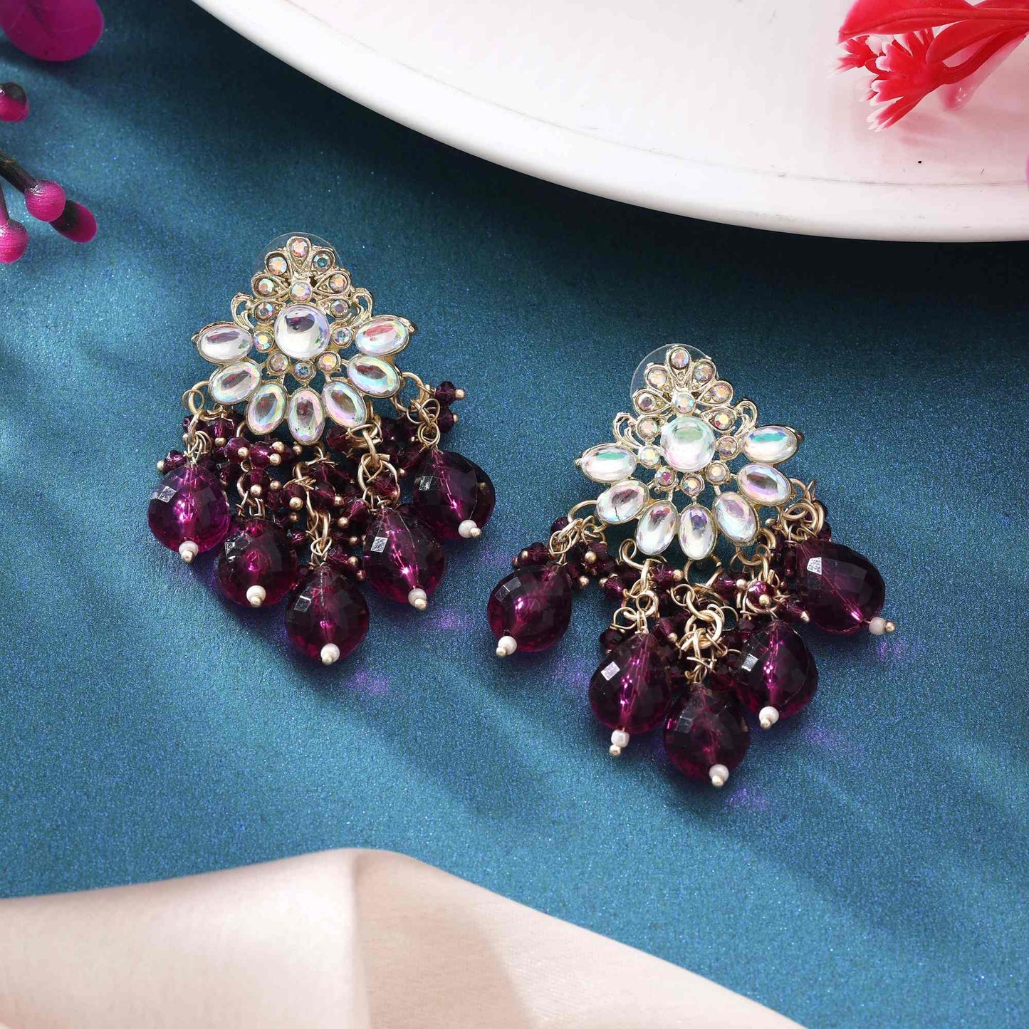 Purple Color Kundan Earrings With Royal Finish And Polished Design