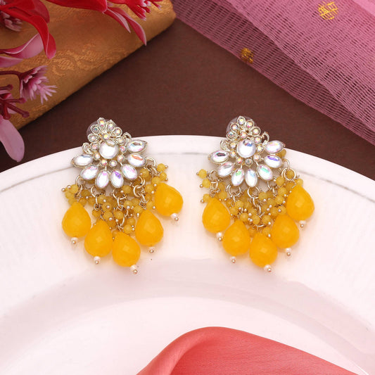 Yellow Color Kundan Earrings With Meenakari Design And Polished Detailing