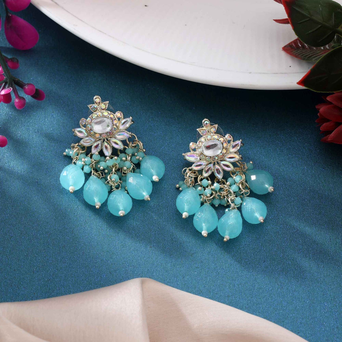 Firozi Color Kundan Earrings With Pearls And Polki Stones For Bridal Wear