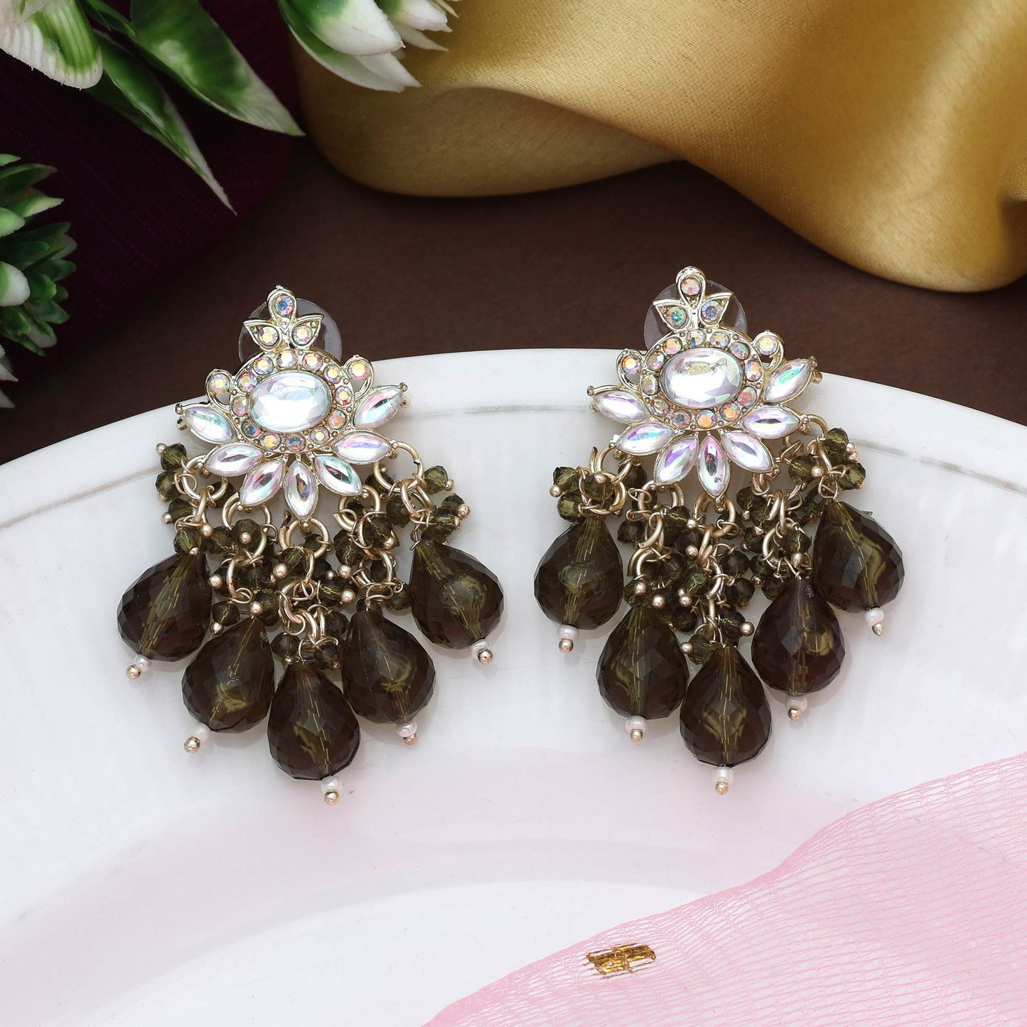 Mehandi Green Color Kundan Earrings With Golden Design And Polki Finish