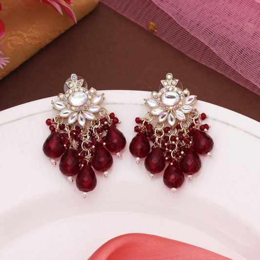 Maroon Color Kundan Earrings With Antique Finish For Festive Look
