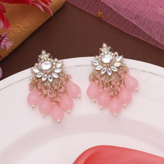 Pink Color Kundan Earrings With Stone Detailing And Glossy Gold Finish