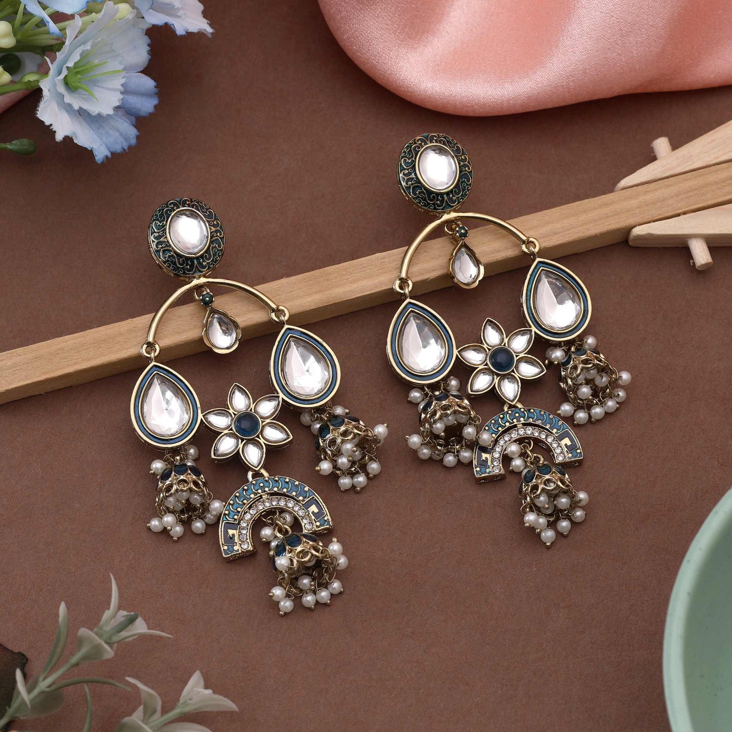 Turquoise Blue Color Kundan Earrings Featuring Unique Handcrafted Kundan Detailing With Bright Finish