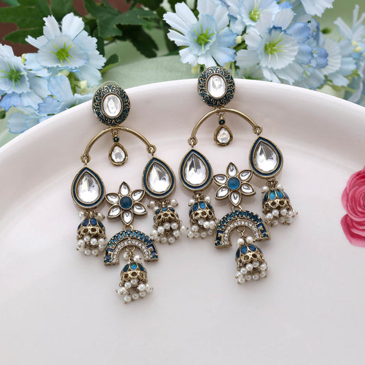 Turquoise Blue Color Kundan Earrings Featuring Unique Handcrafted Kundan Detailing With Bright Finish