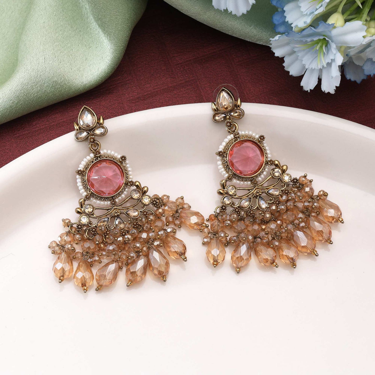 Pink Color Kundan Earrings With Stylish Traditional Kundan Work For Everyday Ethnic Styling