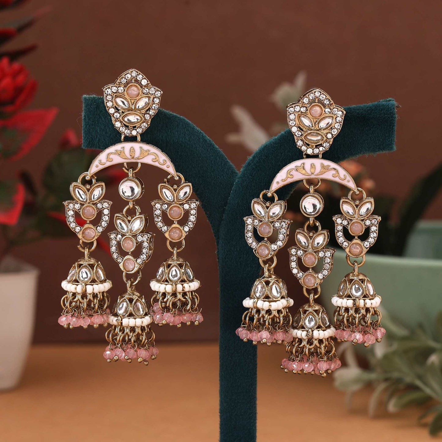 Pink Color Kundan Earrings Featuring Delicate Kundan Detailing For Everyday Ethnic Elegance