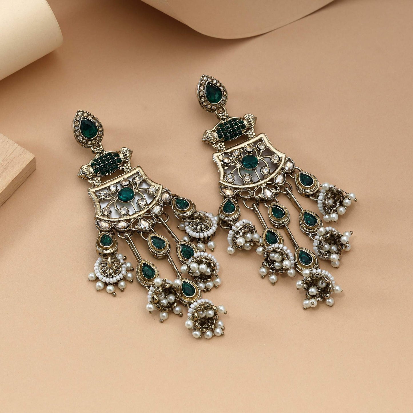 Green Color Kundan Earrings Designed With Rich Ethnic Handmade Kundan Craft For Festive Wear