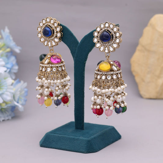 Multi Color Kundan Earrings Featuring Vibrant Stones For Festive Occasions